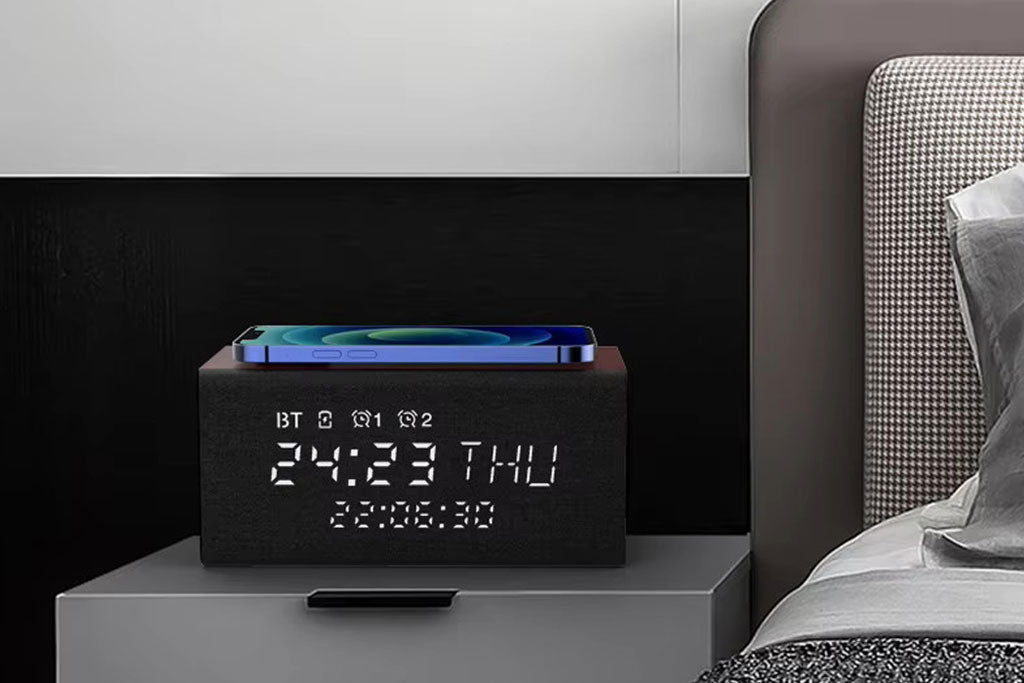 Wireless Charger with Portable Music Speaker with Digital Alarm Clock