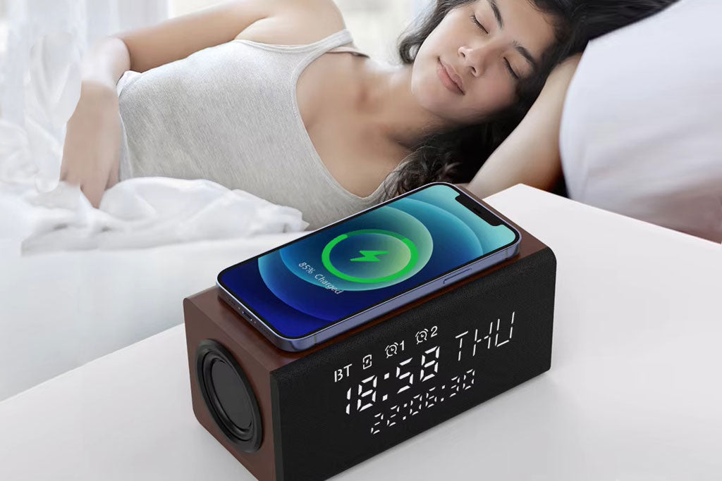 Wireless Charger with Portable Music Speaker with Digital Alarm Clock